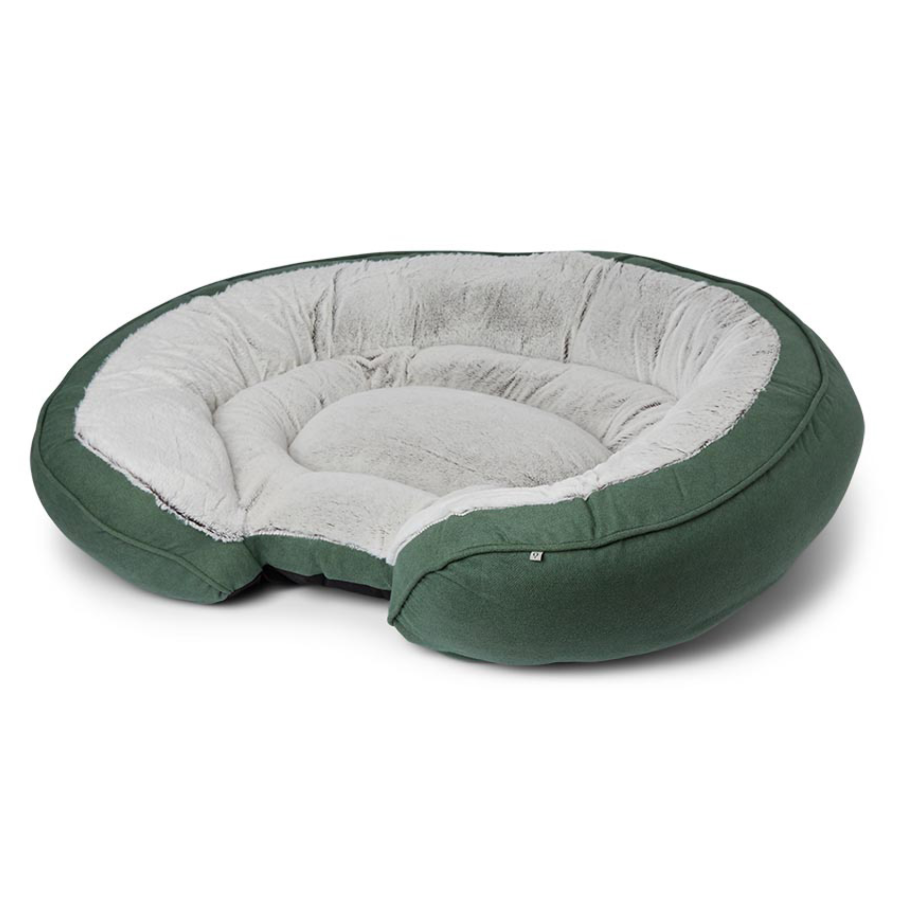 dark green and grey circular dog bed