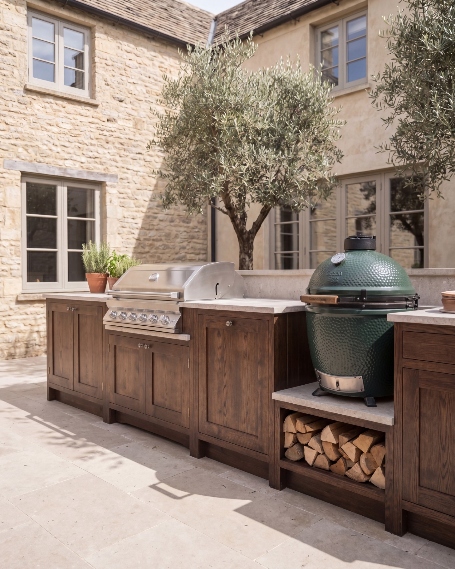 an outdoor kitchen area with a big green egg grill, dark wood cabinets, olive trees and a cotswold stone house