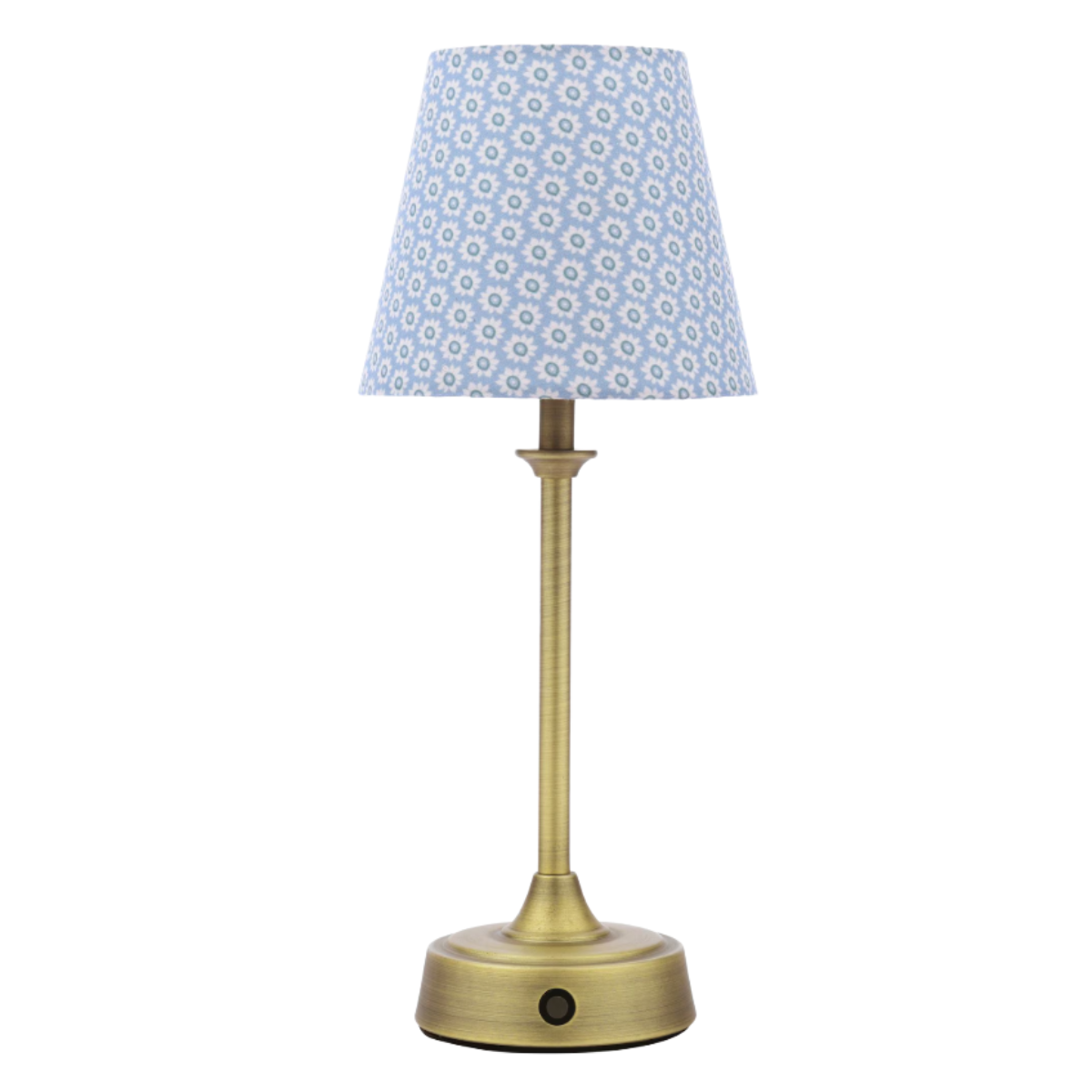 a gold lamp with a pale blue floral shade
