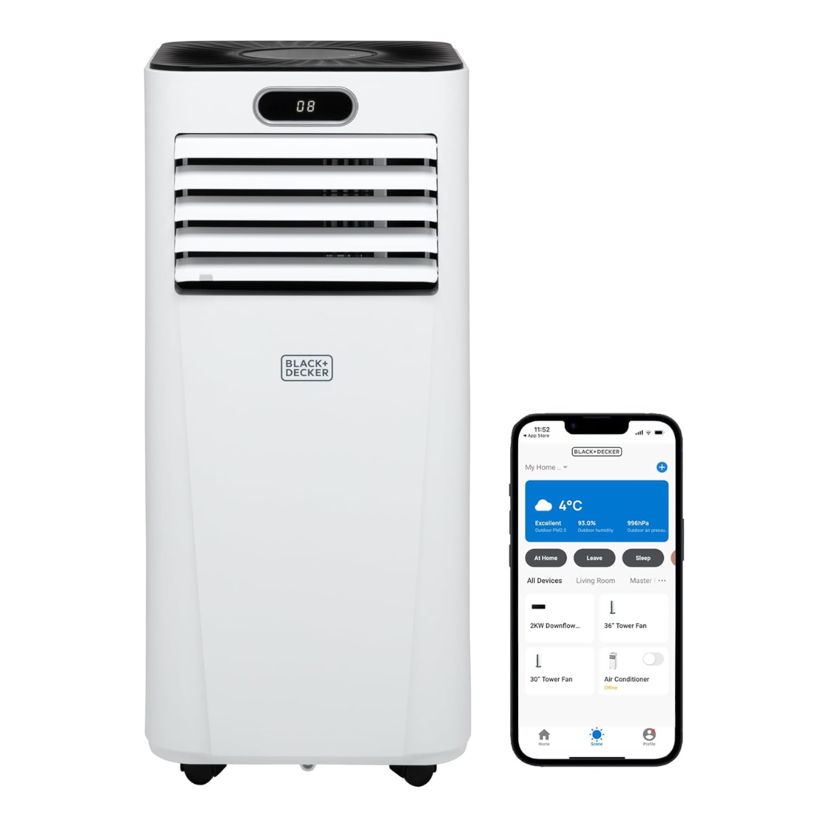 a white portable air conditioner with a smartphone