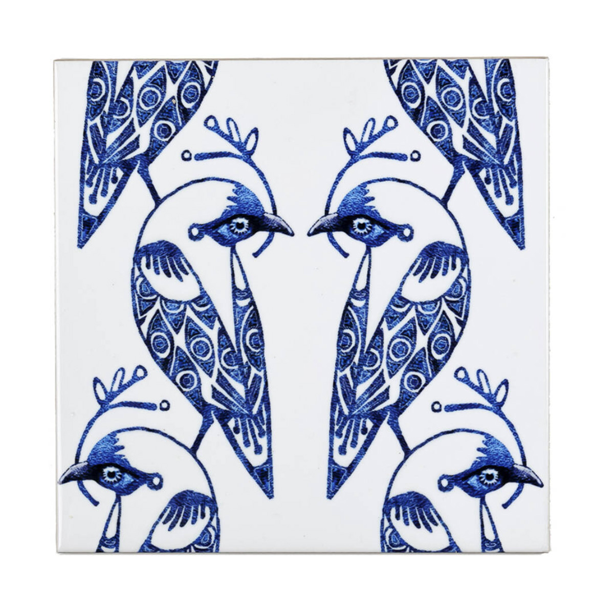 a white and blue kitchen tiles with a bird motif on a white background