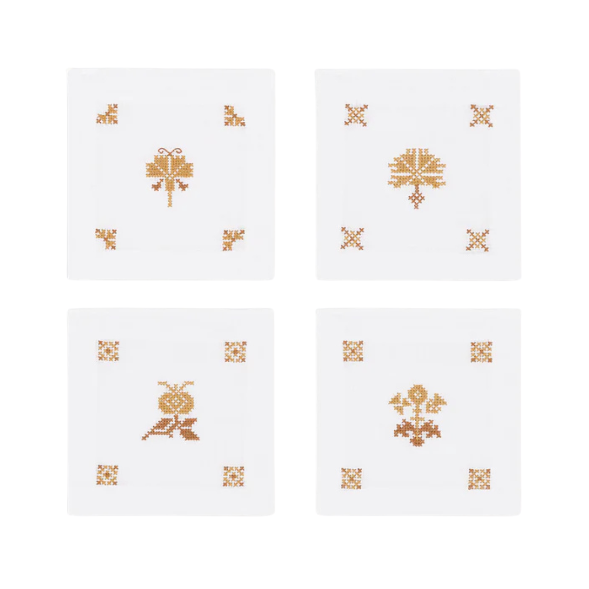 a set of 4 cocktail napkins with yellow cross stitch details