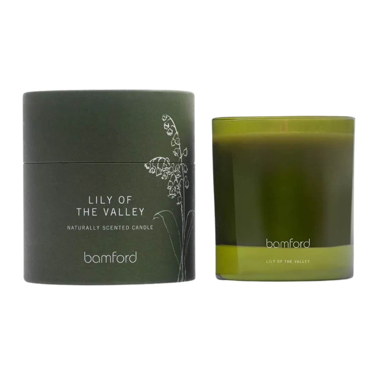 bamford lily of the valley scented candle in a green glass gar and a cylinder green box with a lily of the valley illustration