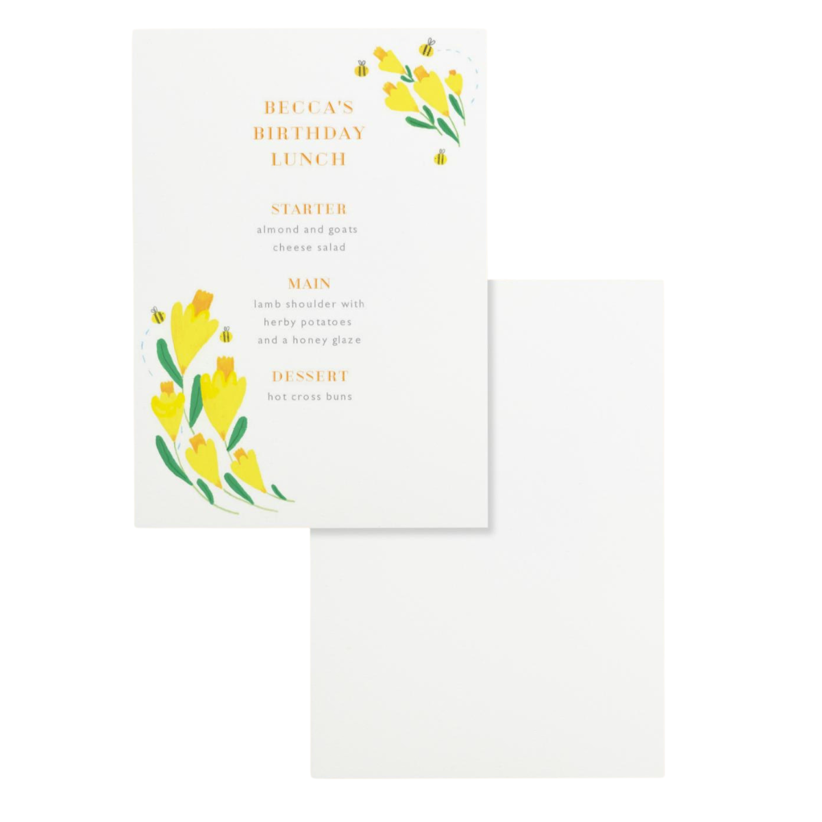 a white menu card with daffodil illustrations 