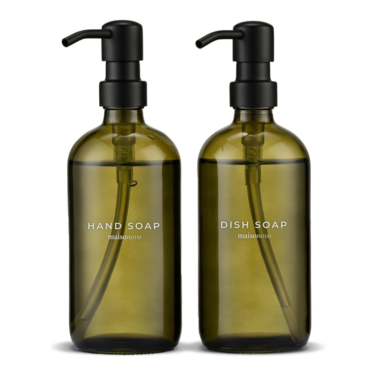 a set of two olive green glass dish and hand soap bottles