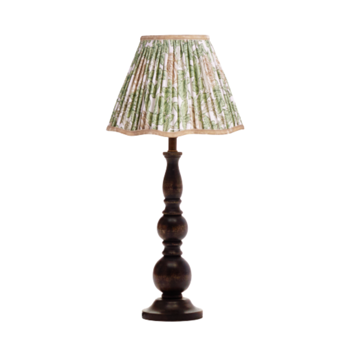 a dark brown lampbase with a pleated floral lampshade