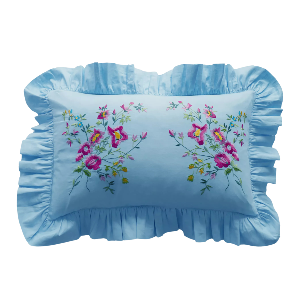 blue frill rectangle cushion with a pink embroidered flower