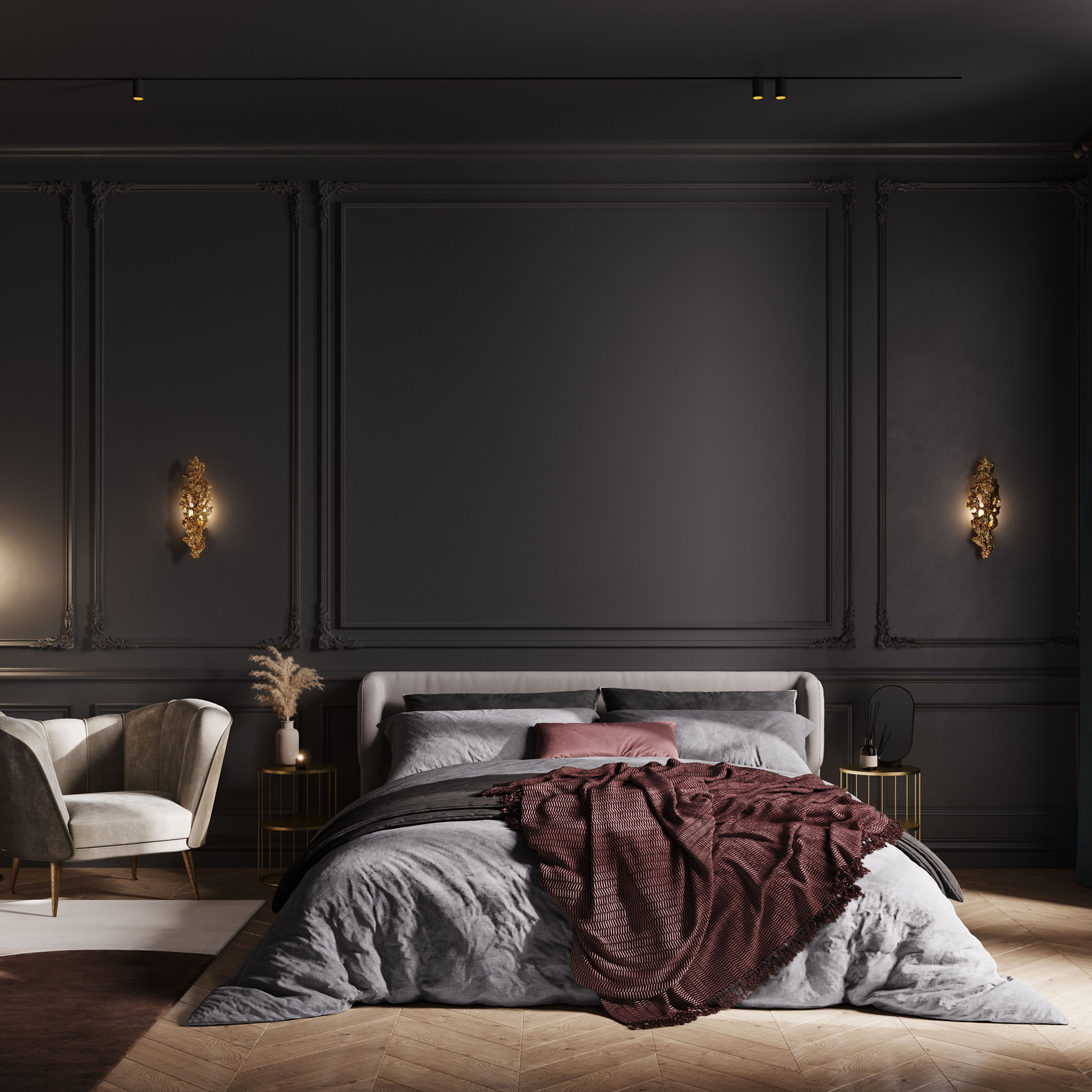 bedroom with a large bed and dark panelled walls