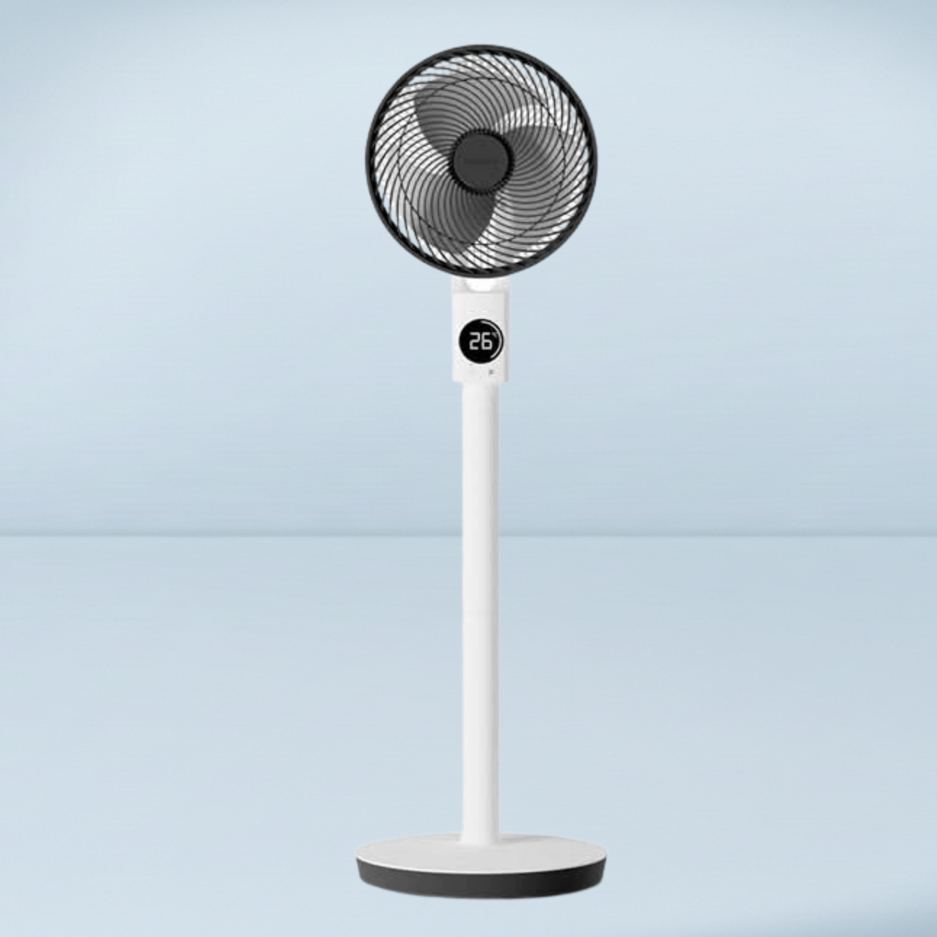 a black and white pedestal fan