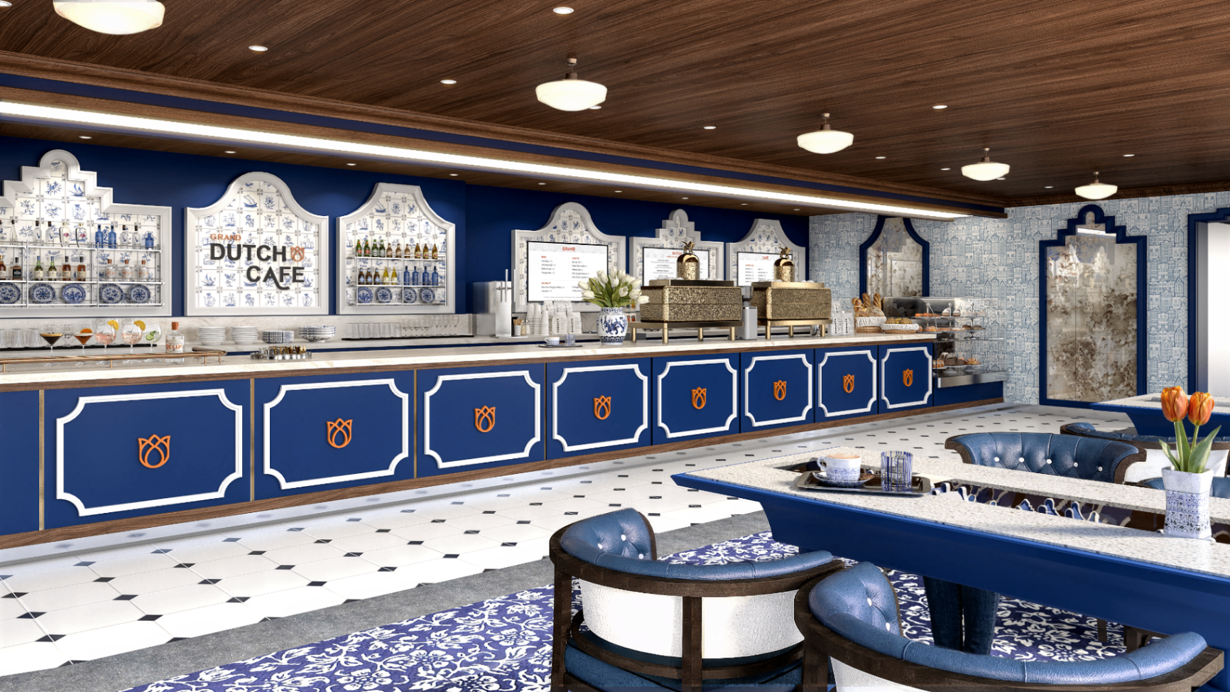 Interior of the Grand Dutch Cafe featuring a long blue counter decorated with tulip motifs, blue Delft-style framed wall displays, warm wooden ceilings, and blue-and-white seating areas