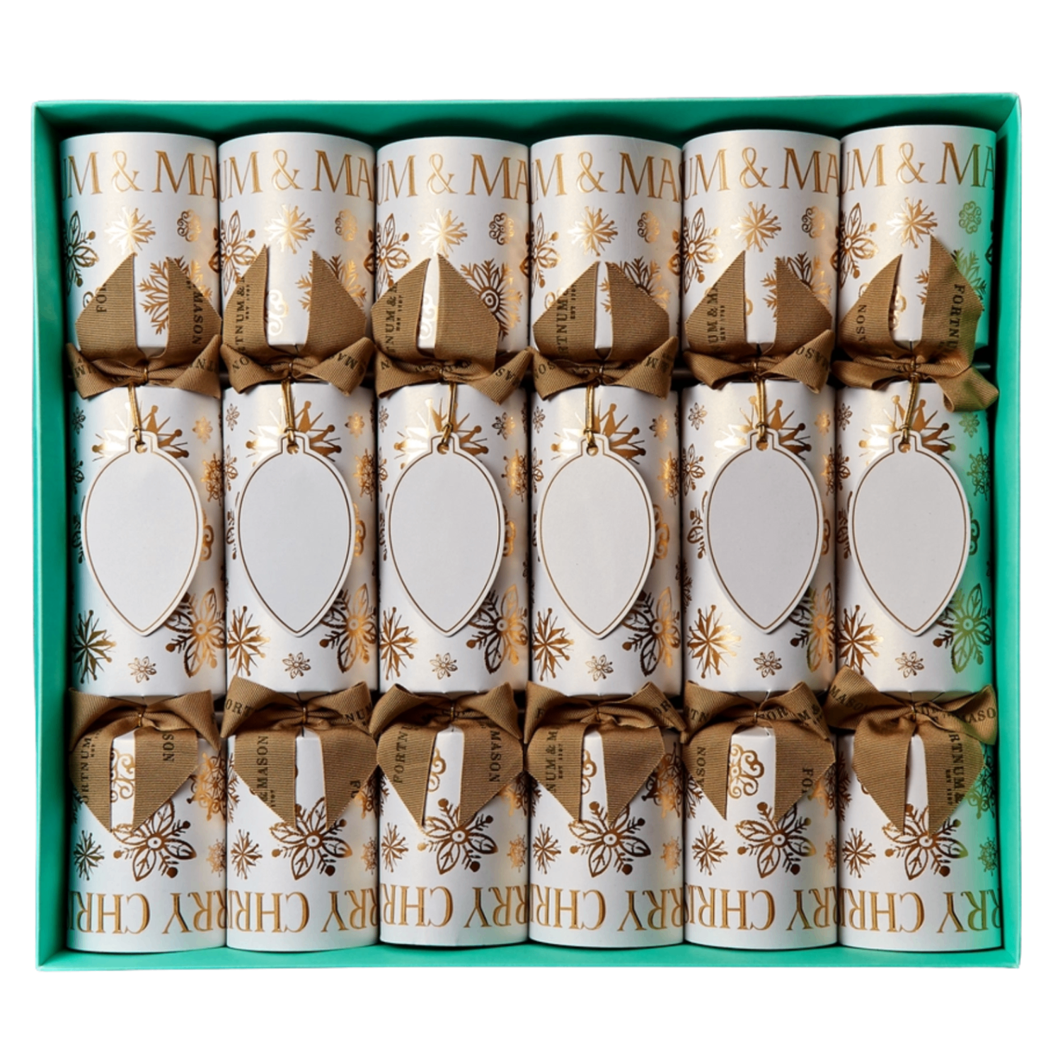 Boxed set of six Fortnum & Mason White Christmas crackers presented in a teal tray. Wrapped in crisp white paper with metallic gold snowflakes and lettering, tied with gold satin ribbon bows, each adorned with a bauble tag