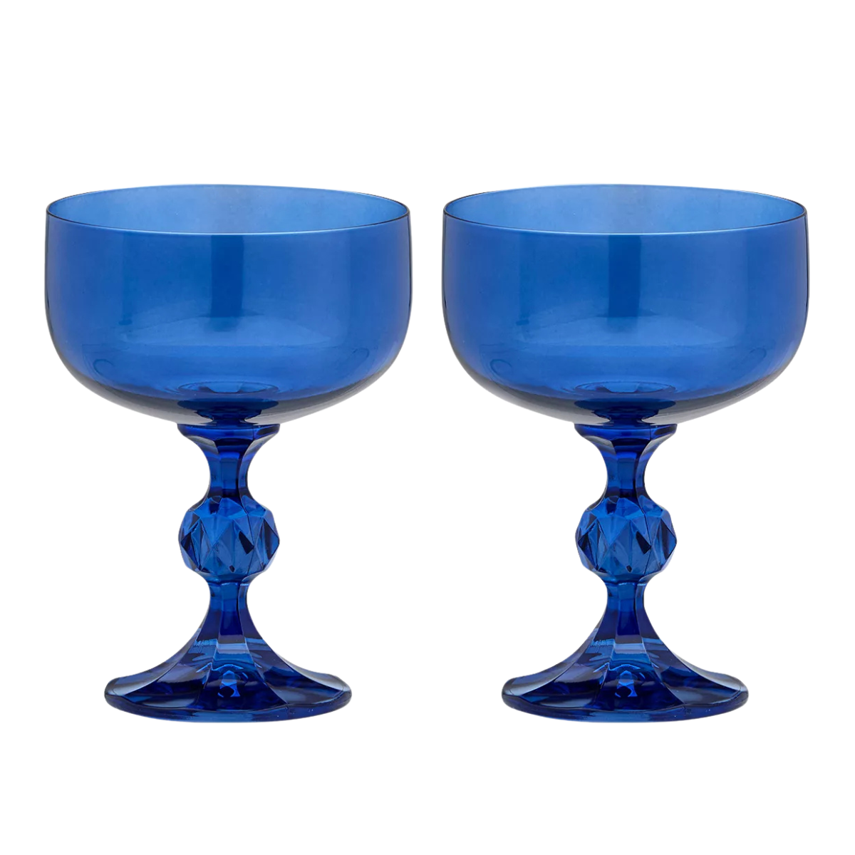 a set of two electric blue cocktail glasses