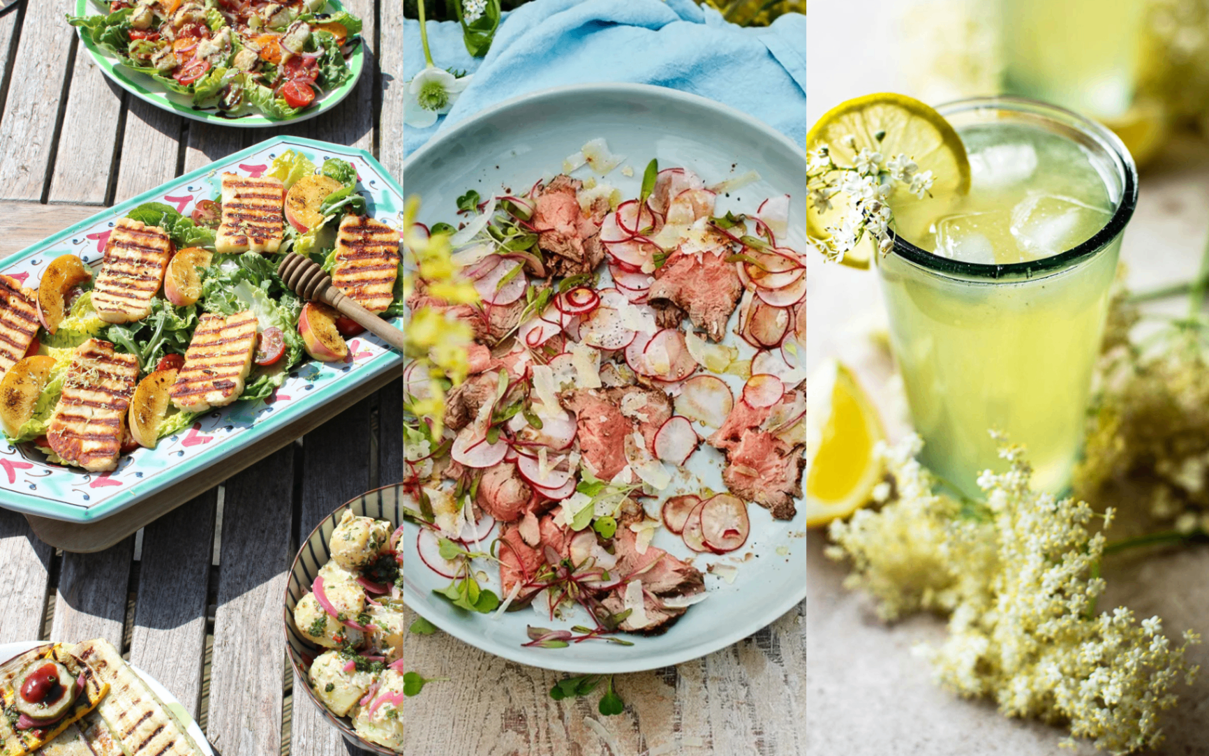 a collage of three images, a halloumi salad, a plat of beef and radishes and a cup of elderflower cordial