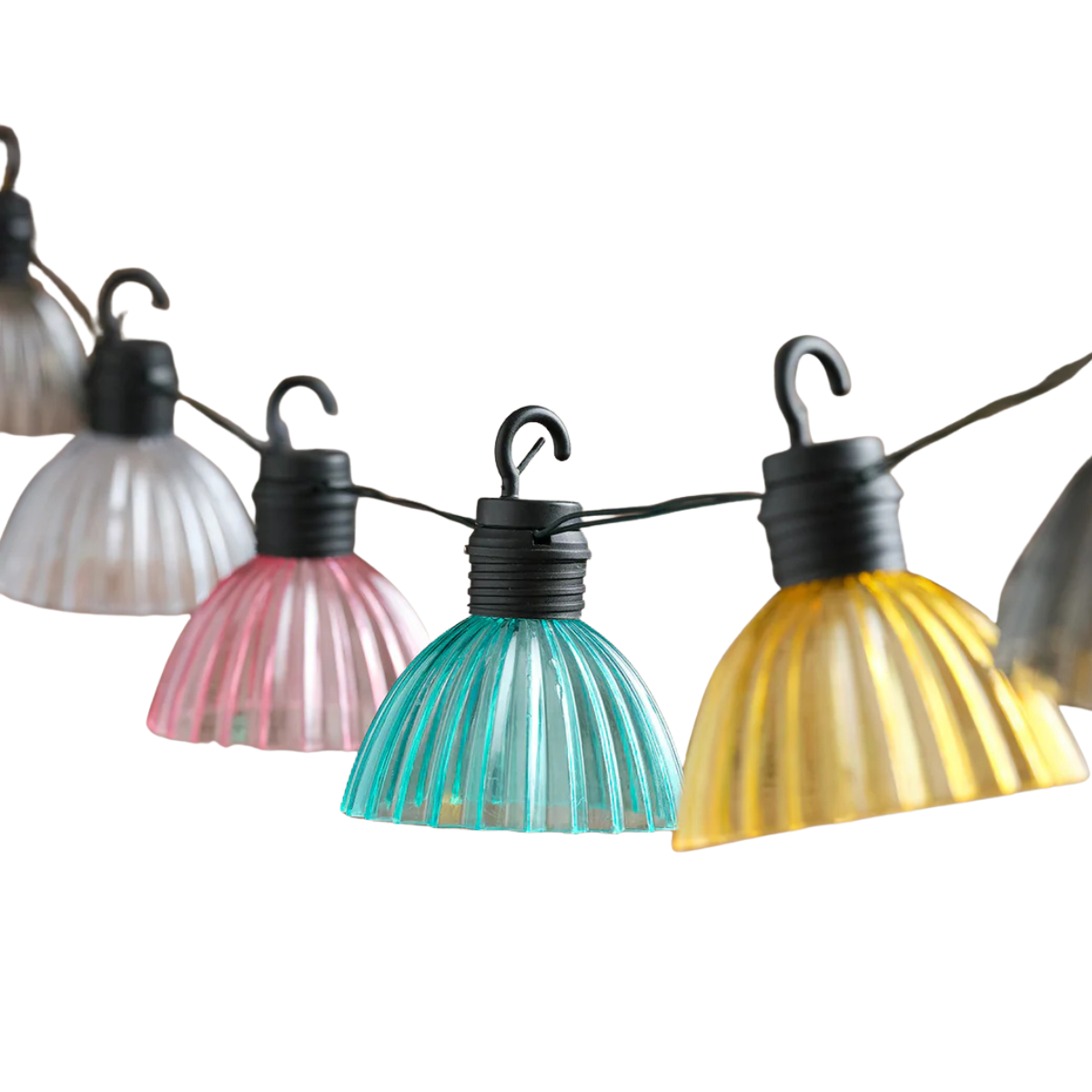 a string of colourful fluted glass solar lights