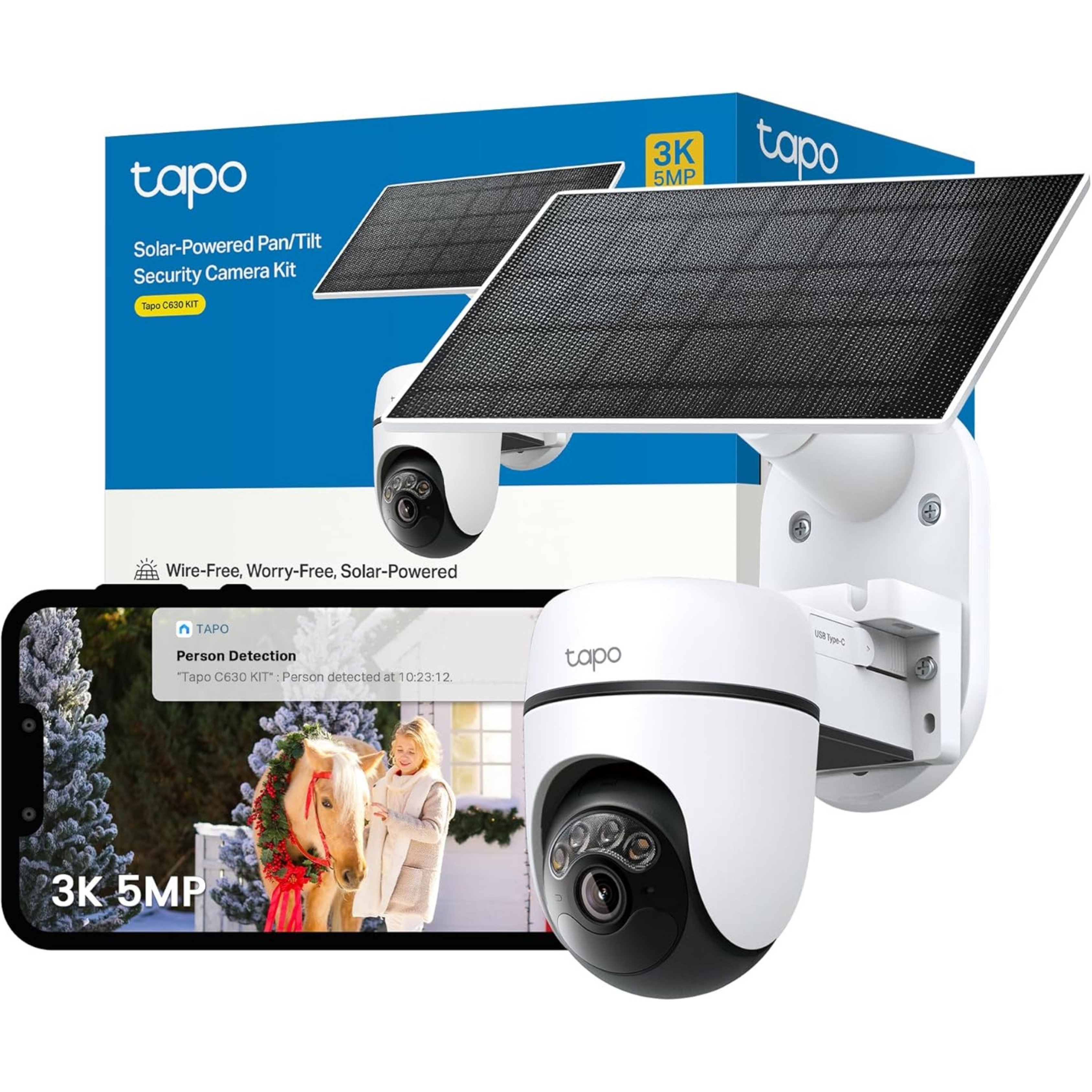 Tapo C630 KIT 3K 5MP Solar Security Camera pictured with box and outside of box solar powered