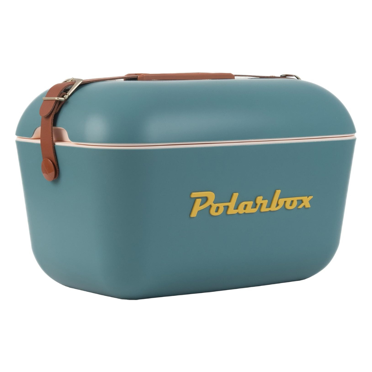 A teal green cool box with a brown leather strap