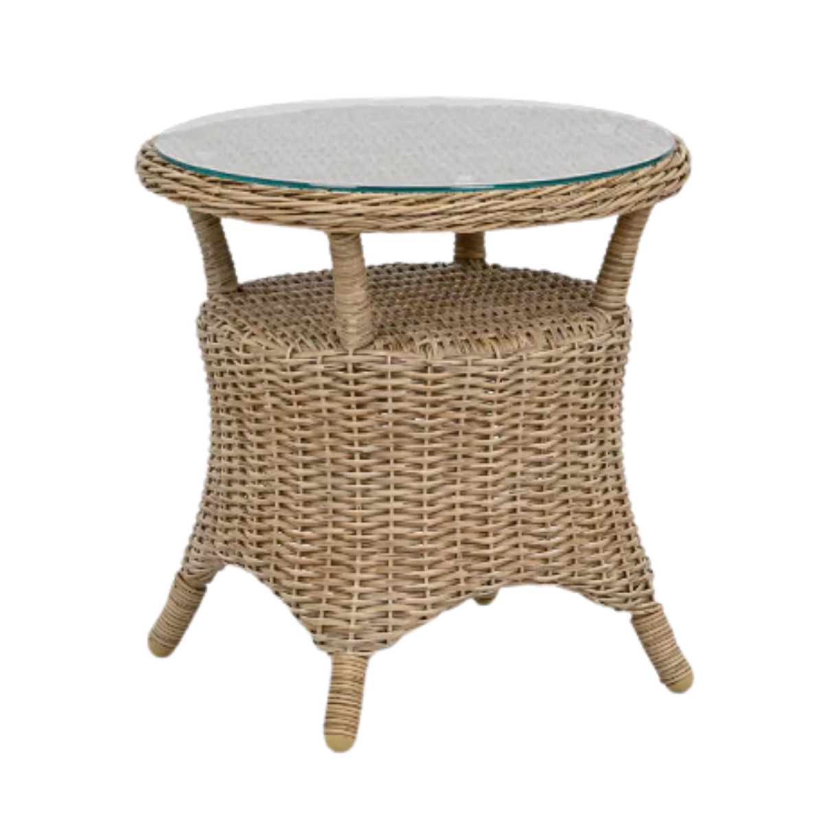 a small rattan side table with a glass top