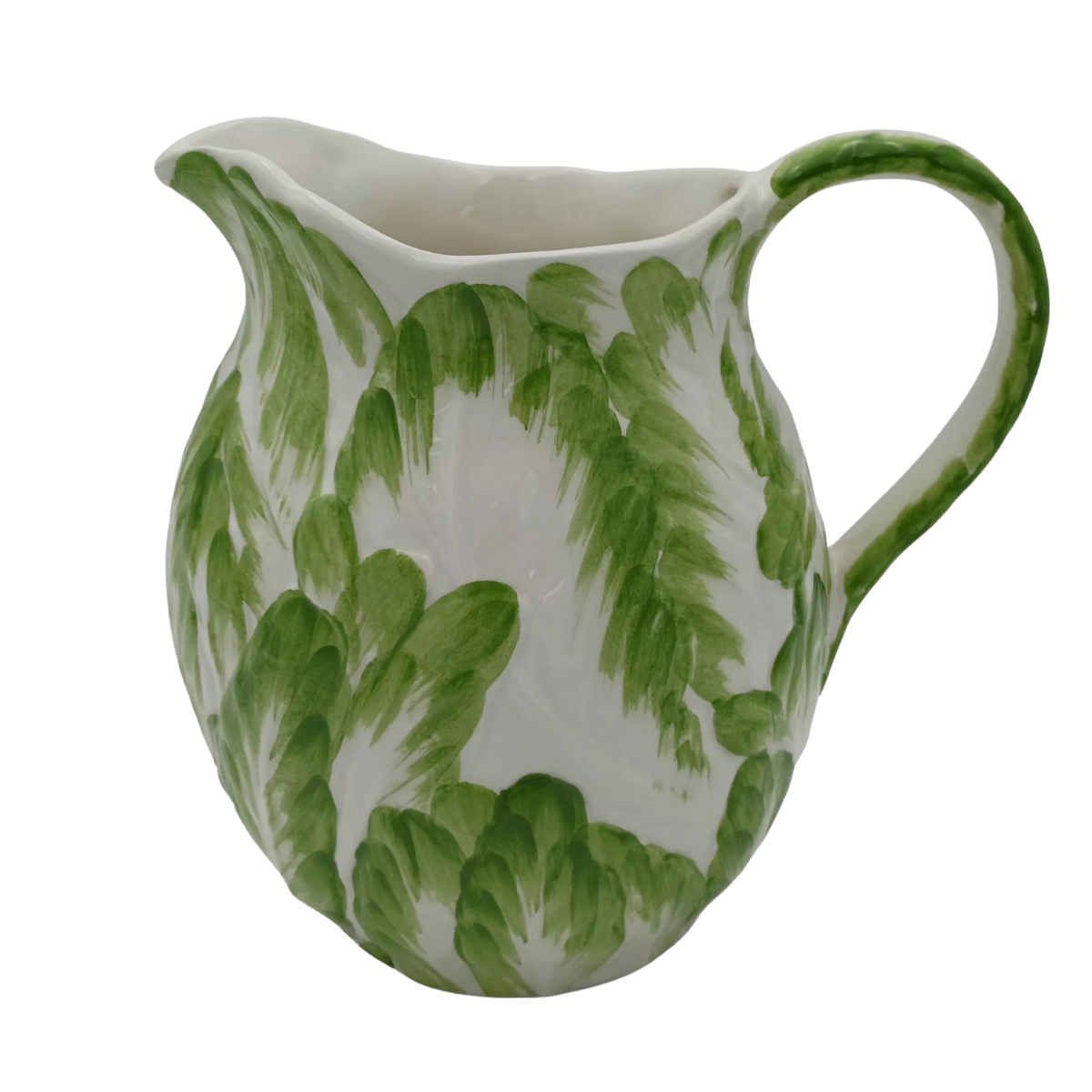 a white ceramic jug with green painted leaves