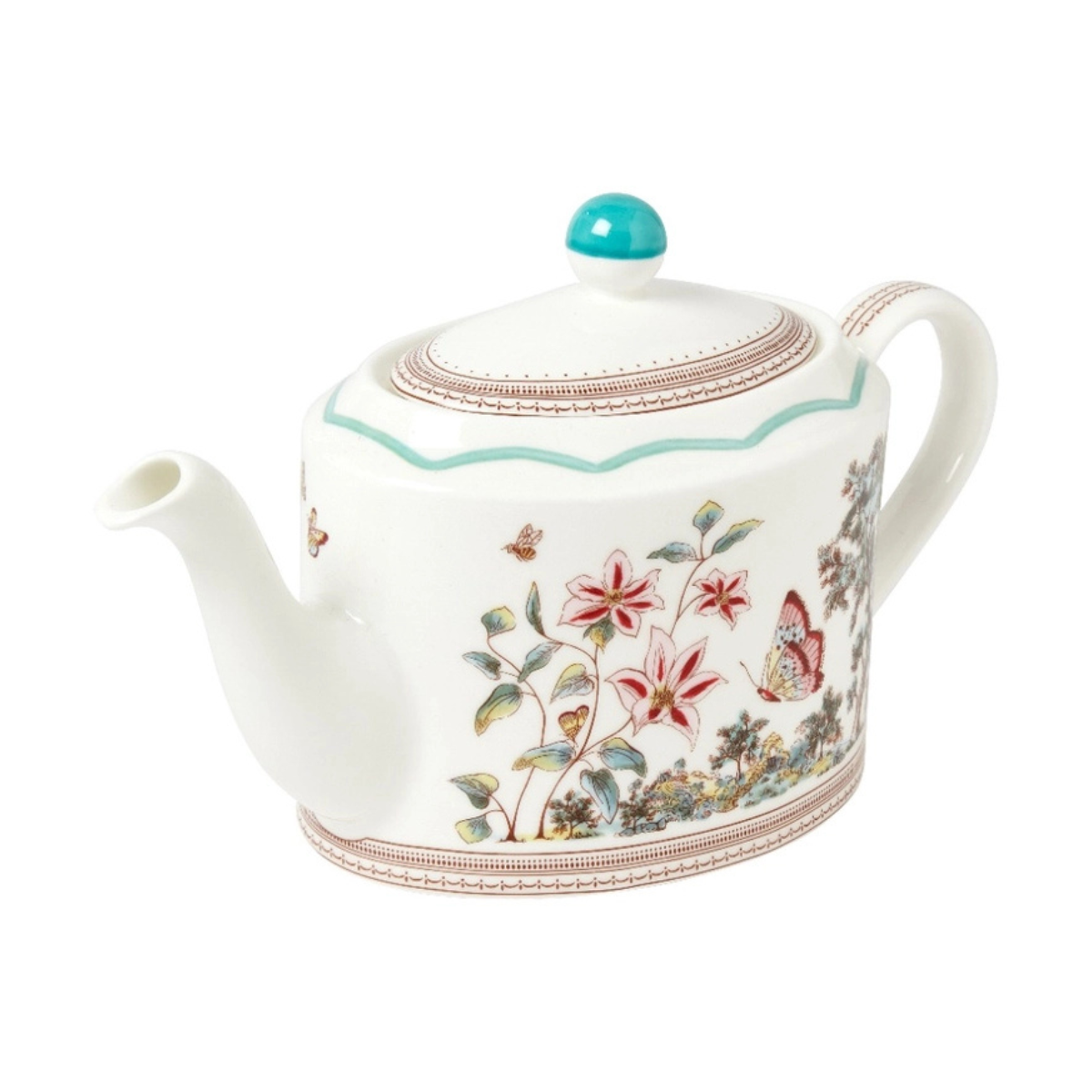 a white china tea pot with a pink floral illustration