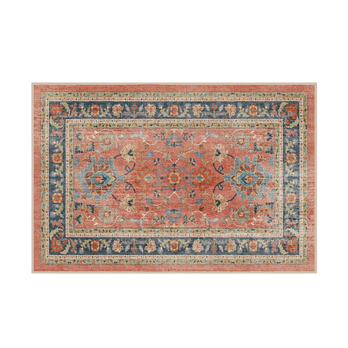 a coral red rug with a beige and navy persian style pattern