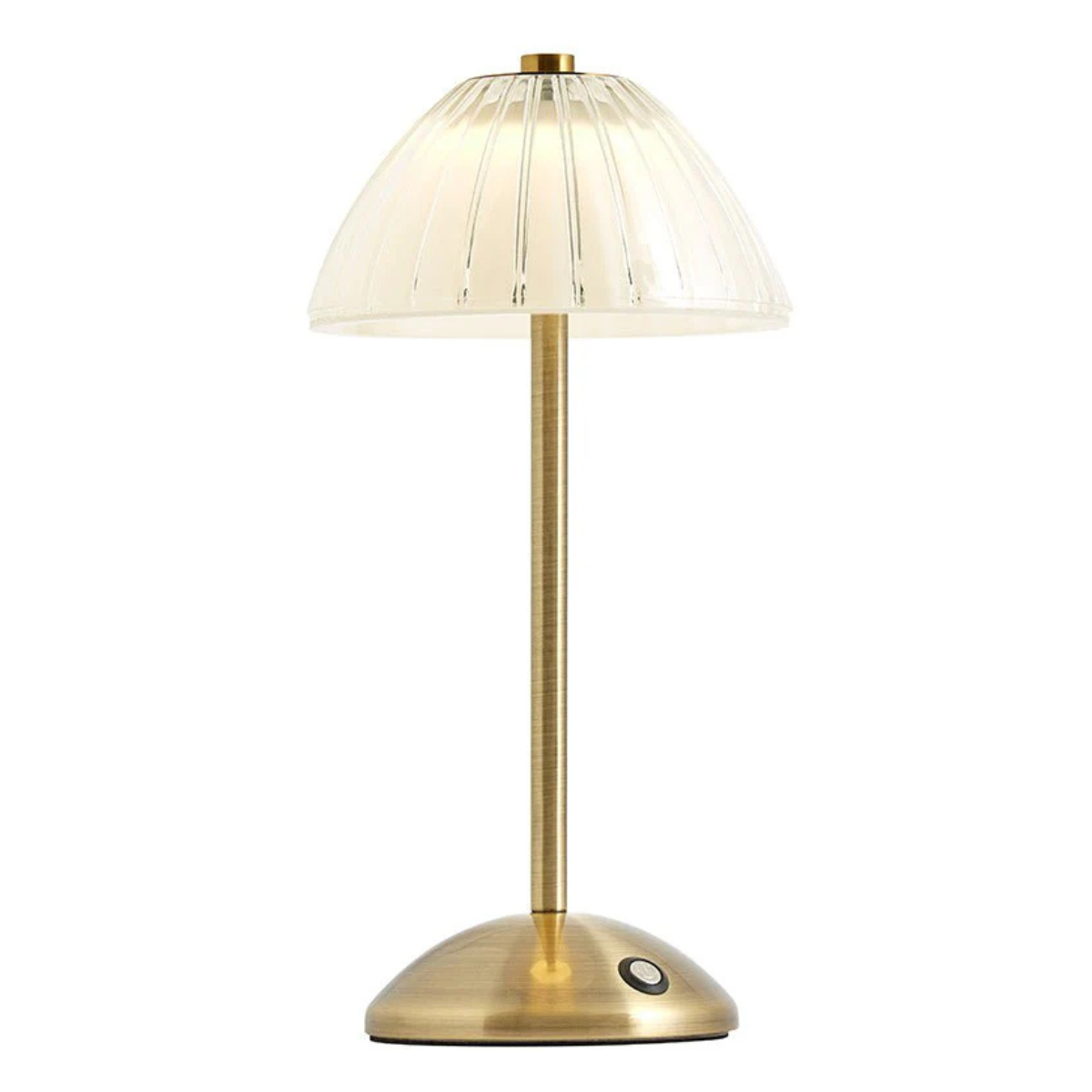a brushed gold lamp with a glass shade