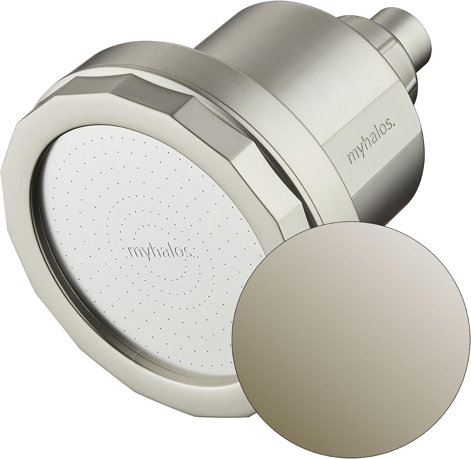 MyHalos Filtered Shower Head pictured in chrome colour on a white background