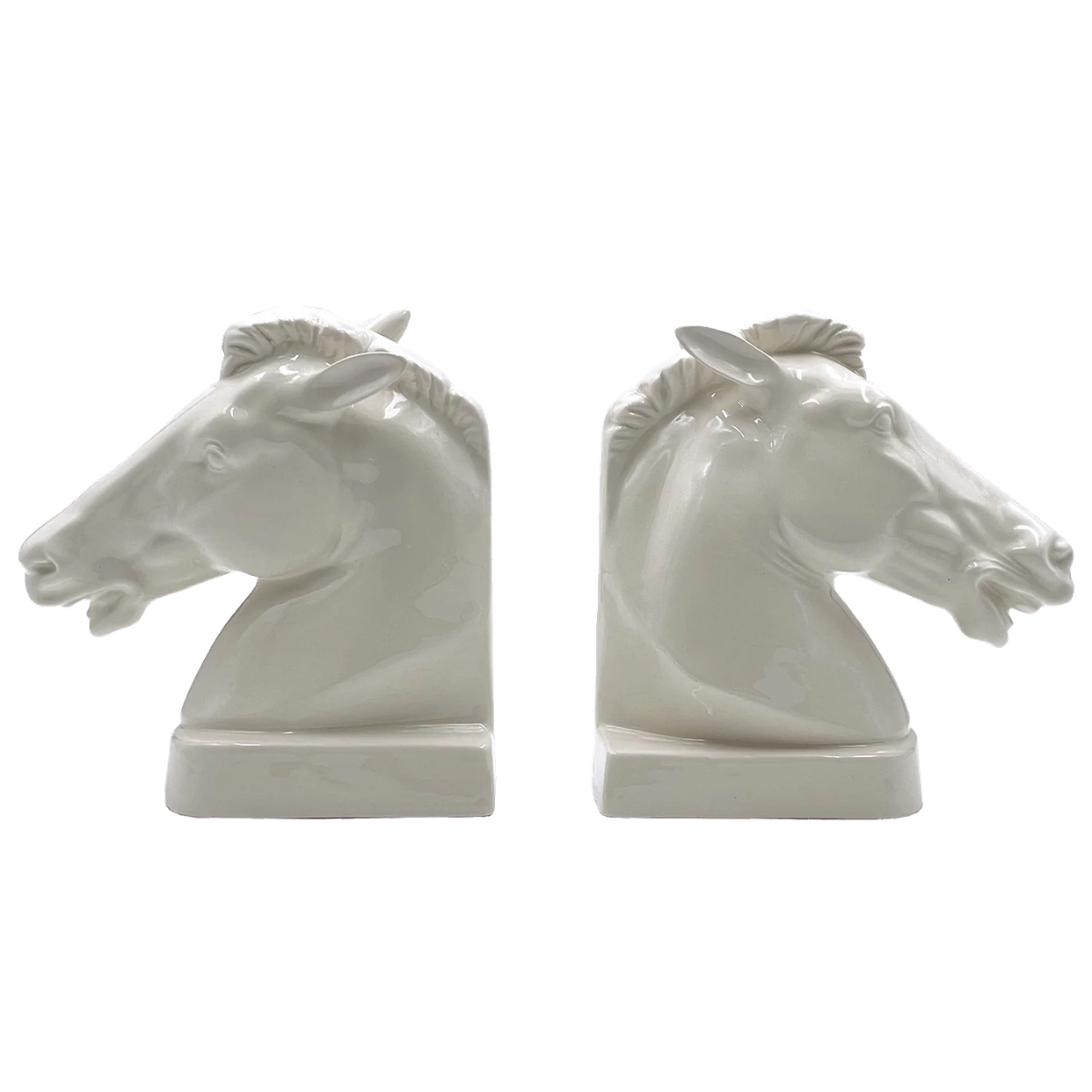 a pair of white ceramic horse head bookends