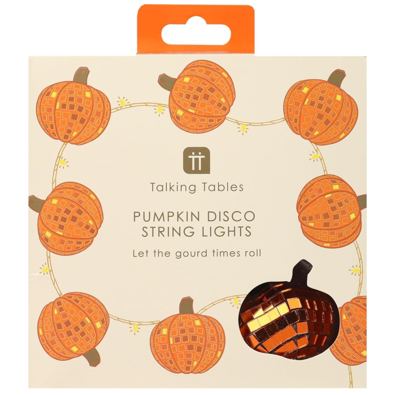 a set of orange disco ball style pumpkin string lights in a cream box with pumpkin illustrations
