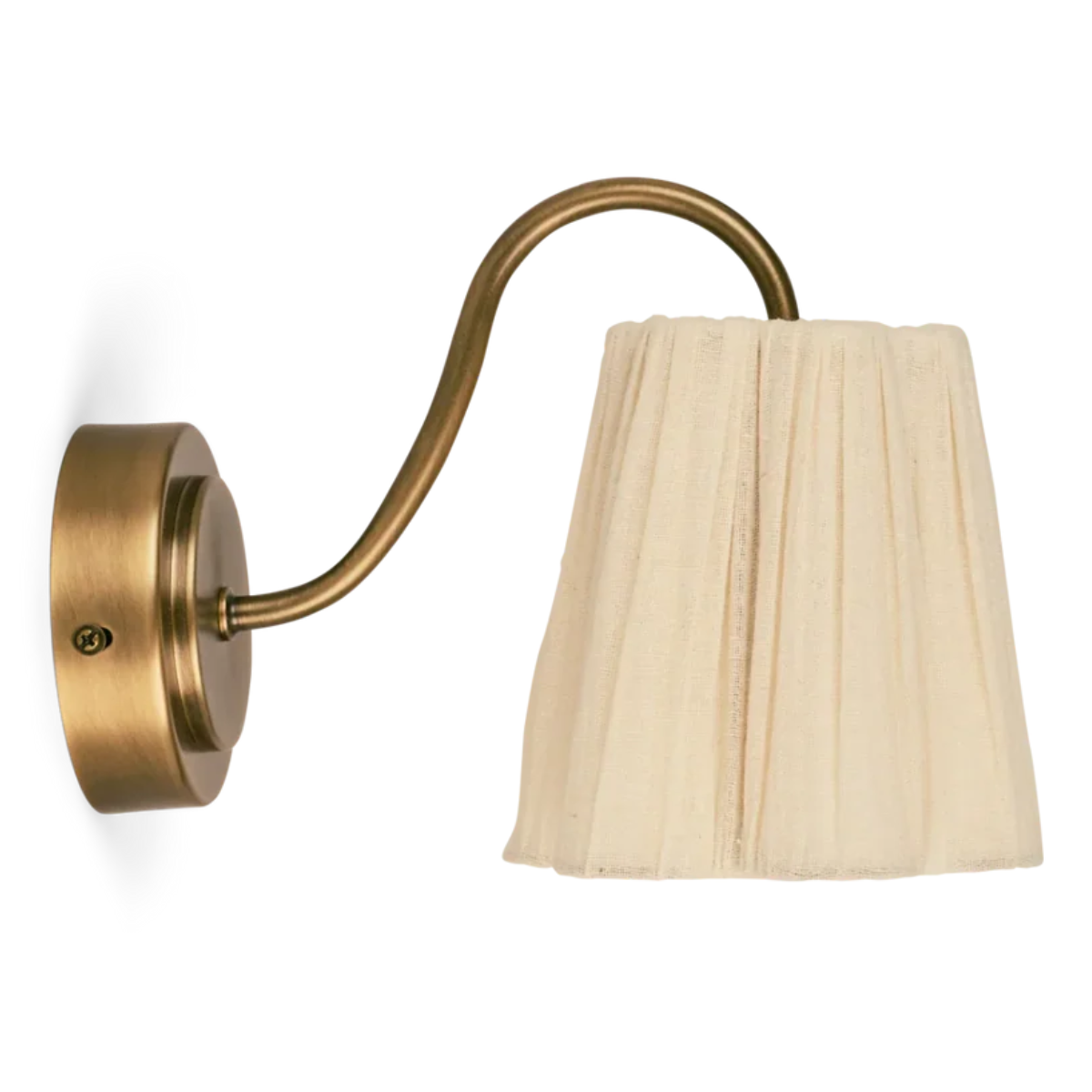 a brass wall light with white plated shade
