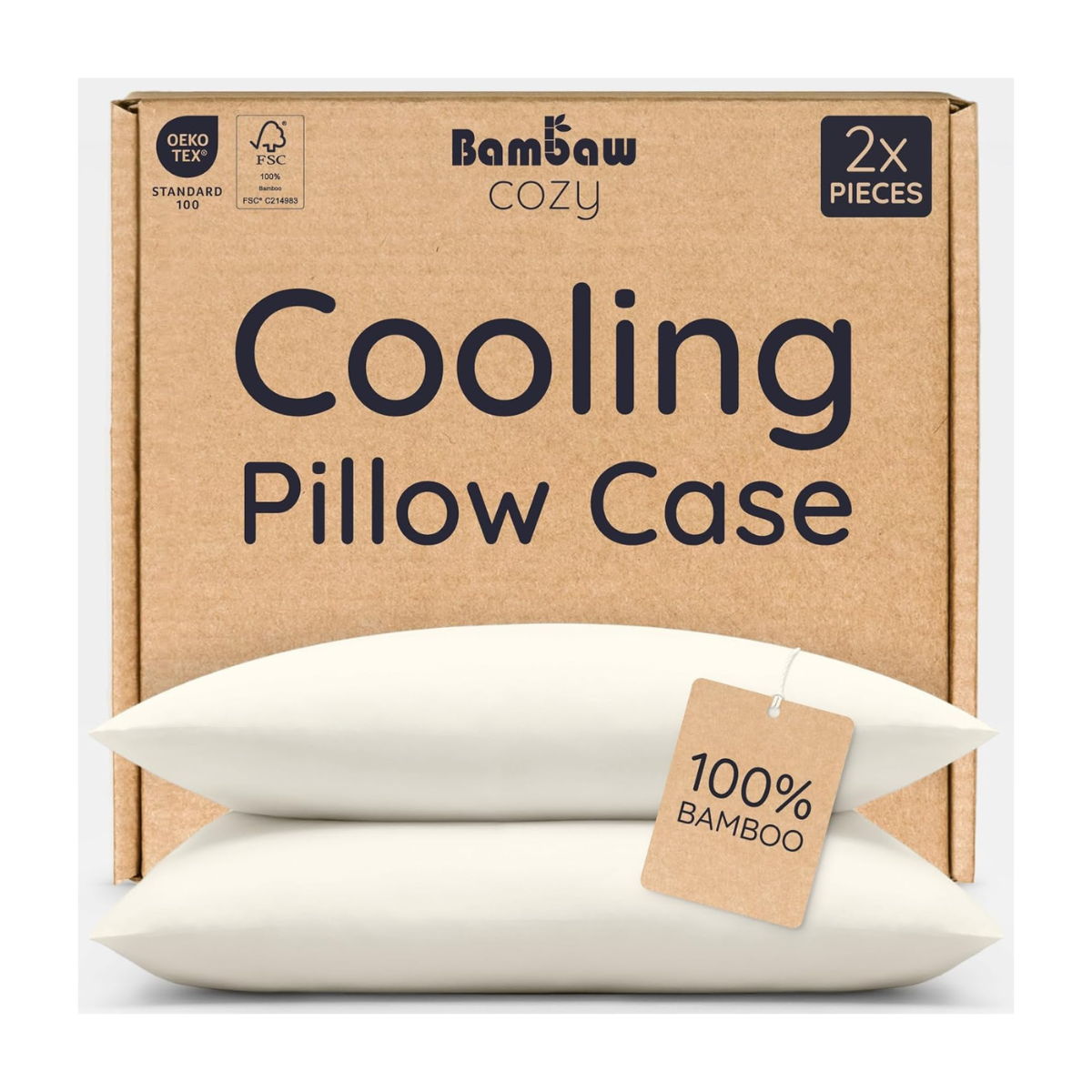 a set of two bamboo pillowcases with a brown cardboard box
