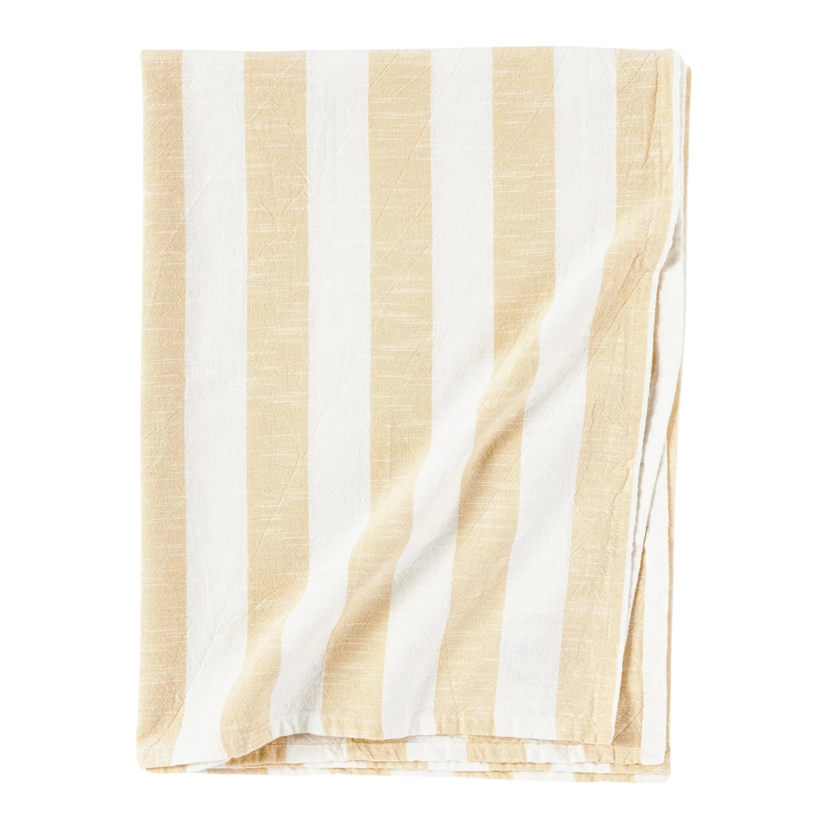a white and yellow stripe tablecloth