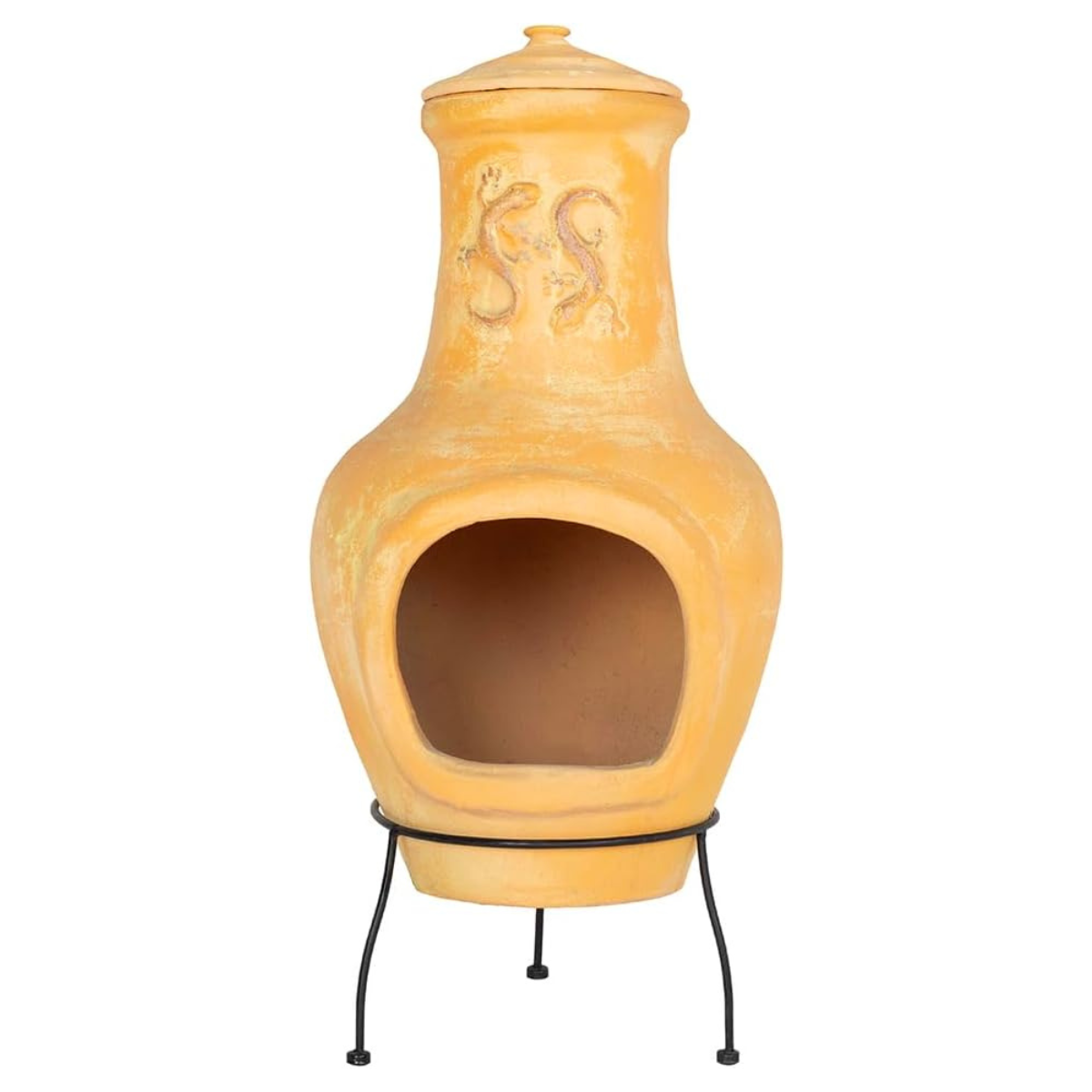 an orange terracotta chiminea with three black legs and a lizard motif