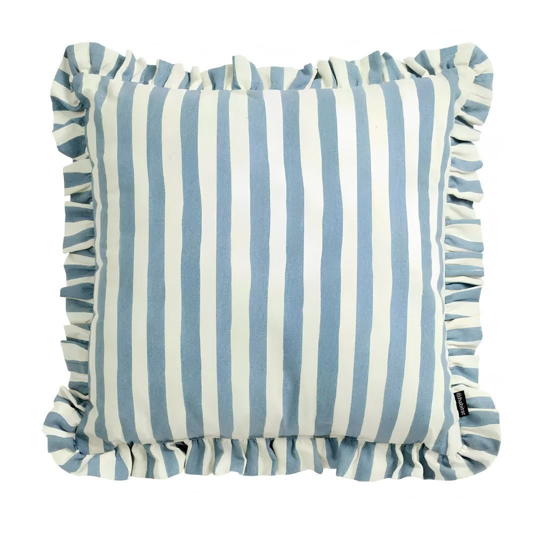 Blue Striped Outdoor Cushion pictured in blue with a frill on a white background