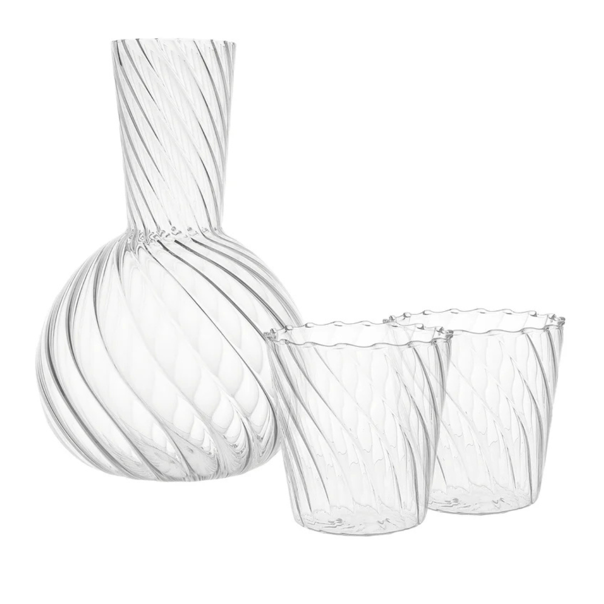 a ribbed carafe with two matching tumblers