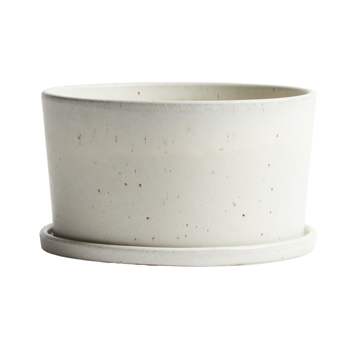 a white wide speckled planter with a matching saucer