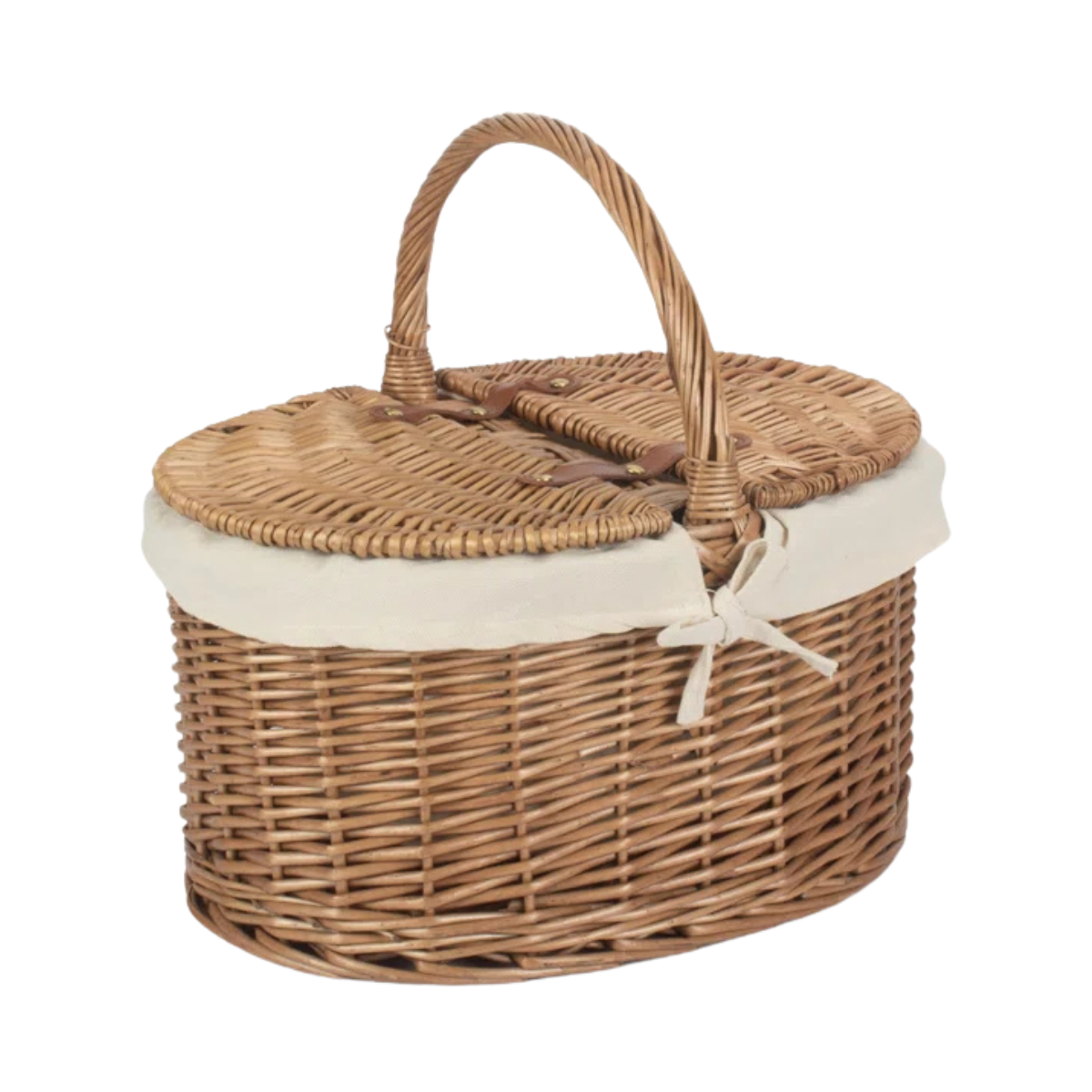 an oval wicker lidded picnic basket with cream lining