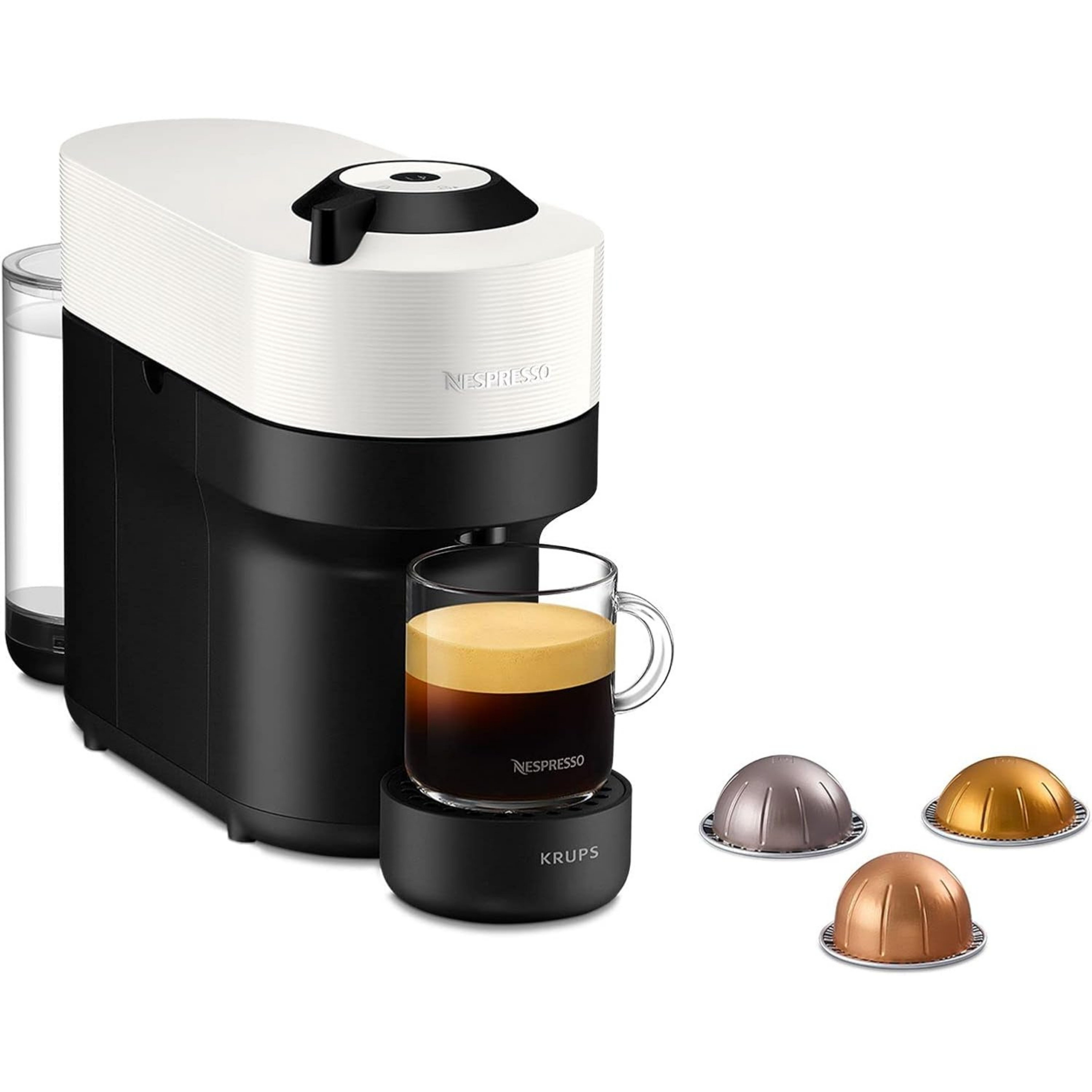 Nespresso Vertuo Pop pictured with coffee pods on a white background