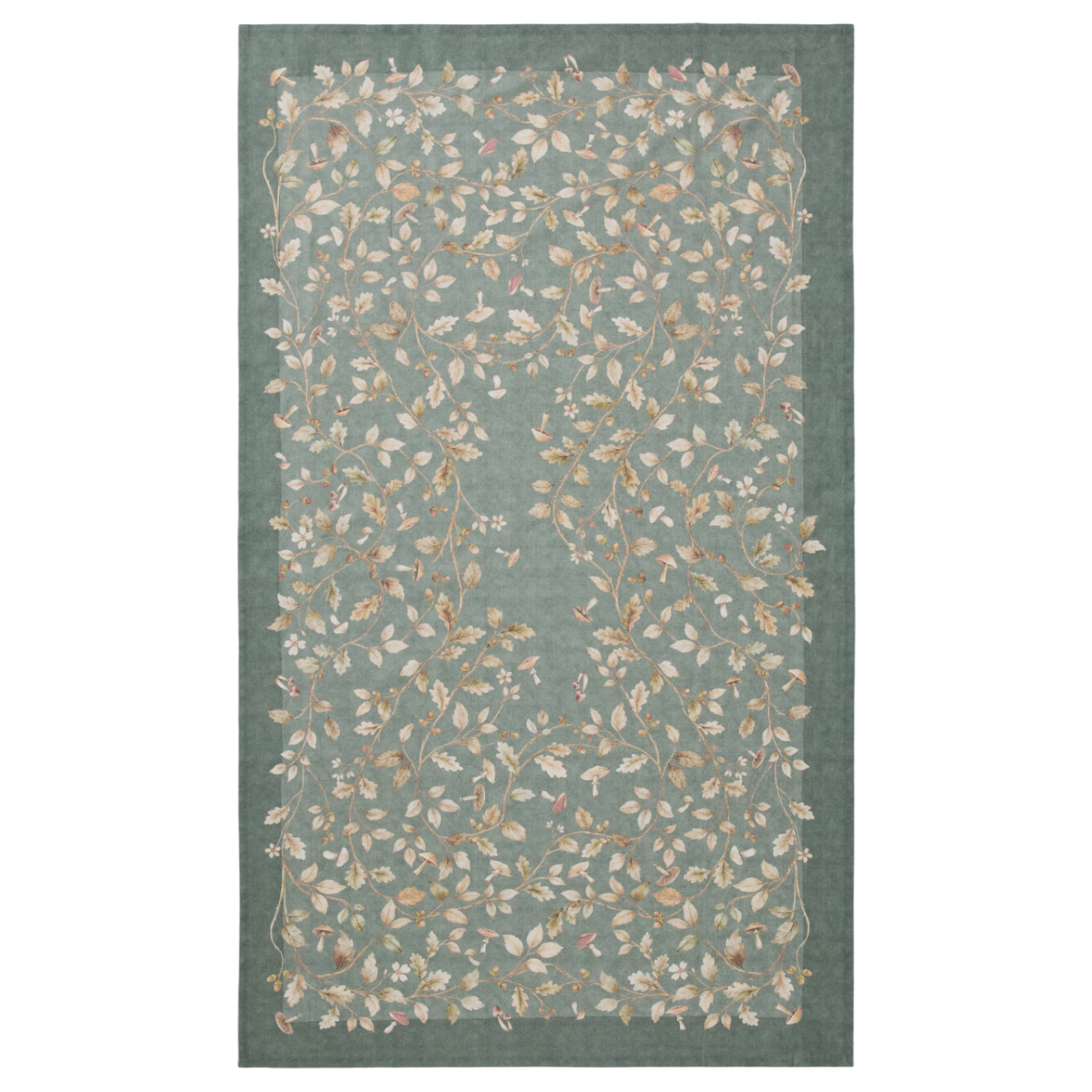 a teal green table cloth with cream and brown vines, mushrooms and leaves print