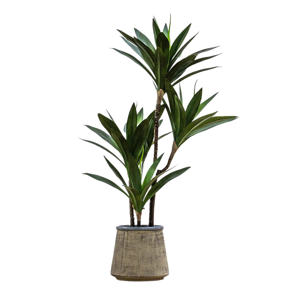 a faux yukka plant in a grey ceramic pot