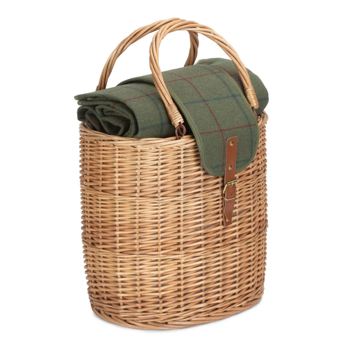 a long wicker picnic basket with green tweed and brown leather strap