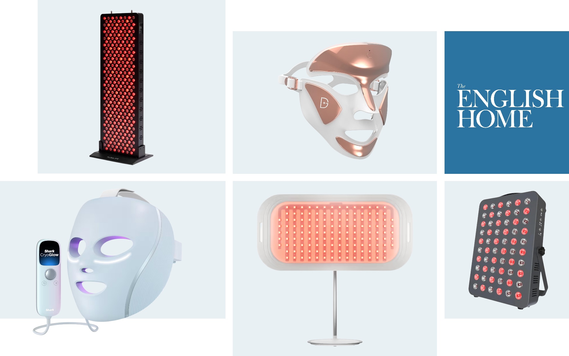 a variety of led light therapy devices pictured on a collage from masks to strip lights