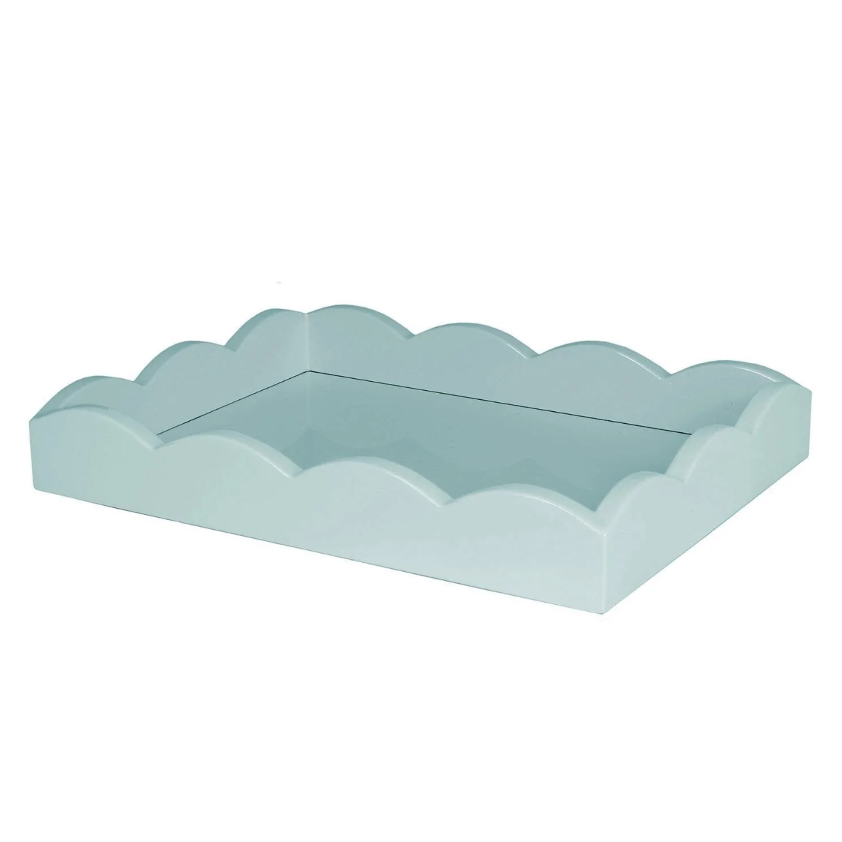 an aqua blue rectangle tray with a scalloped edge