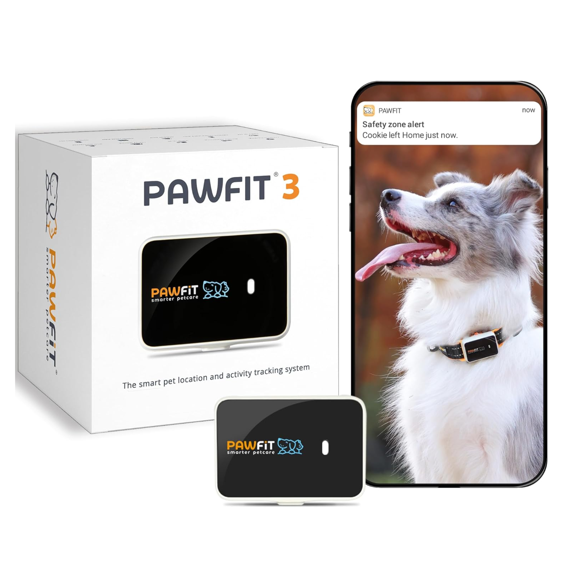 pawfit pet tracker with box and iphone app