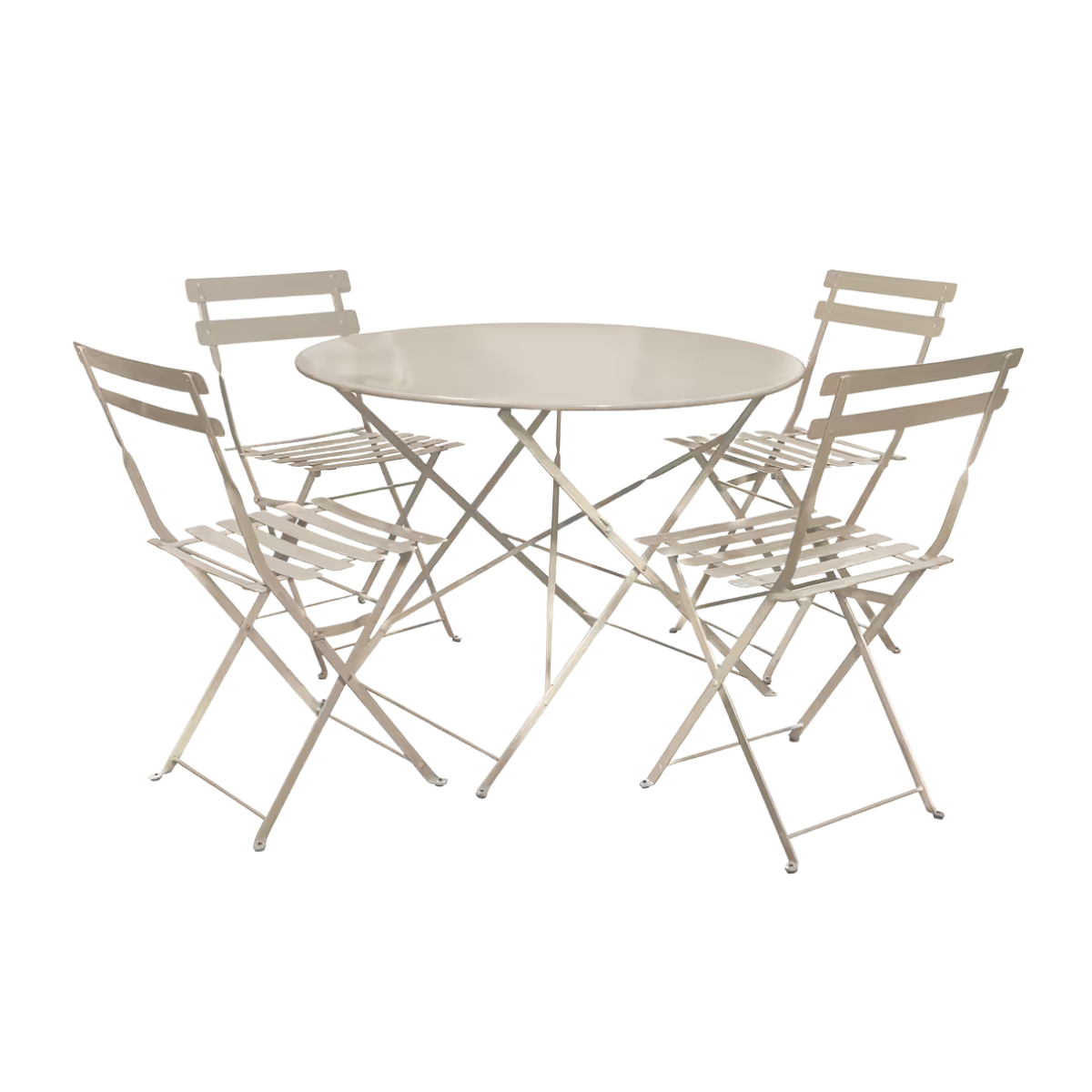 a cream metal 4 seat bistro set