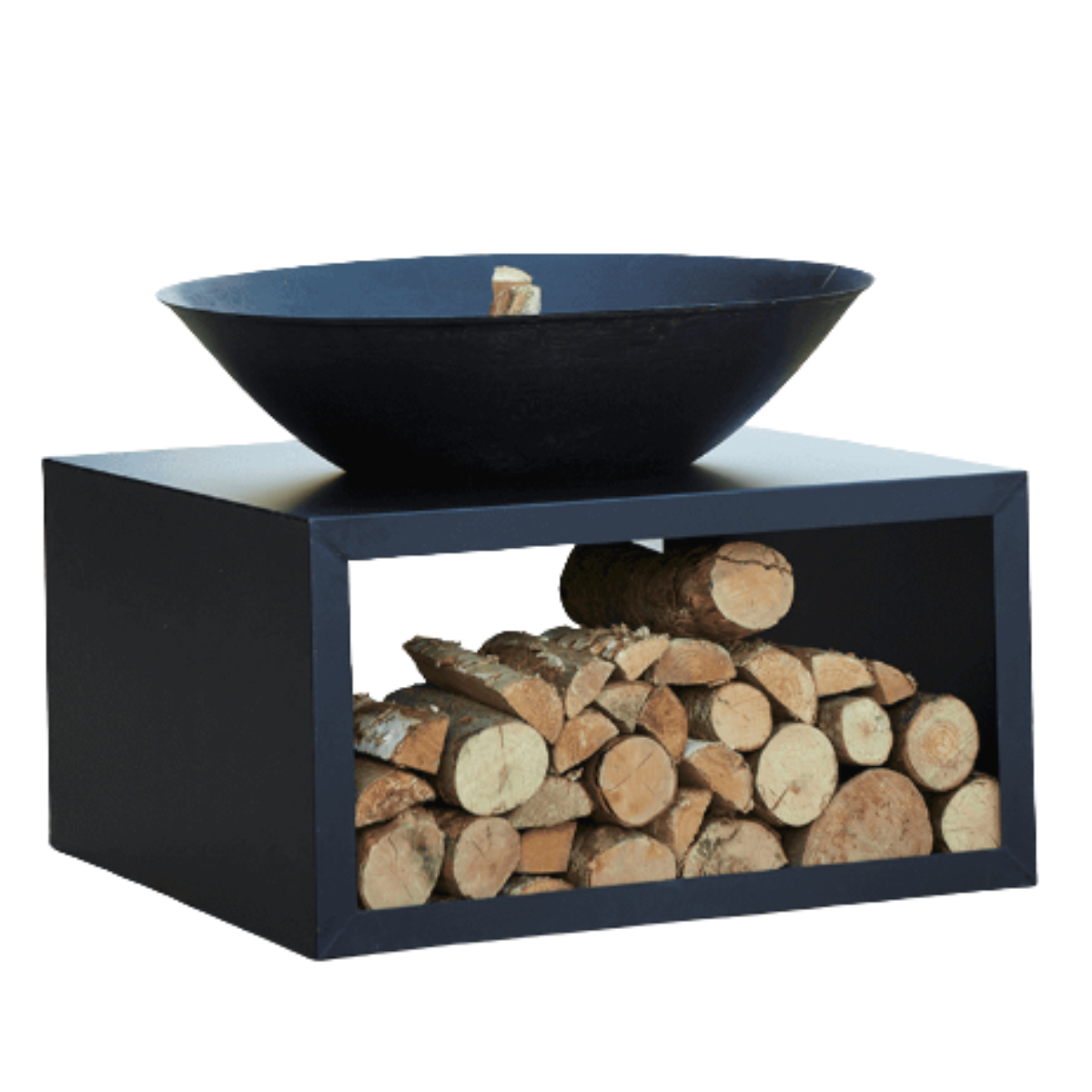 a large black fire pit with a rectangular wood storage shelf