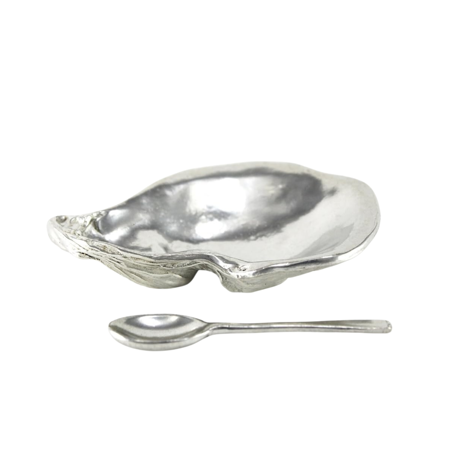 Oyster Shell Salt Cellar silver salt pig pictured on a white background with a silver spoon