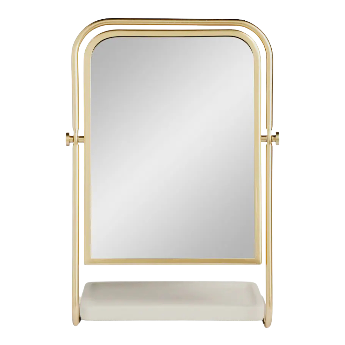 a gold bathroom mirror with a white base