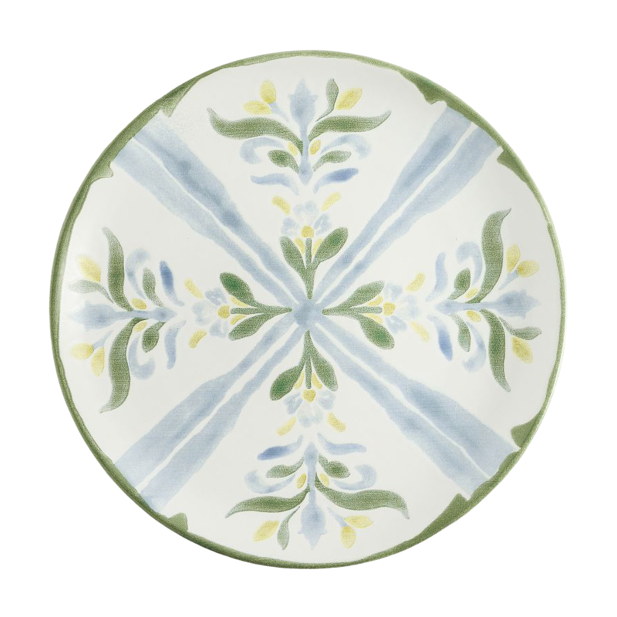 a plate with a green, blue and yellow tile inspired pattern