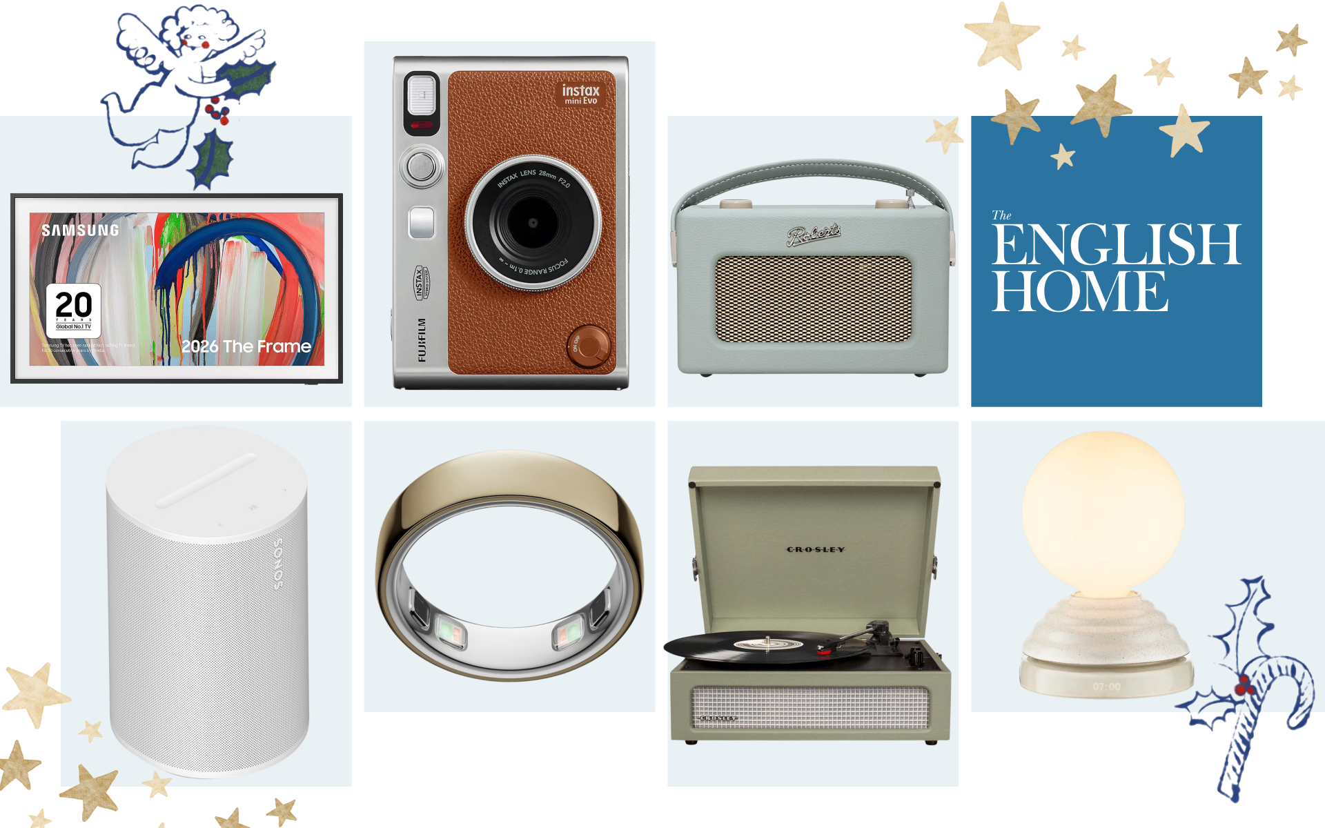 A collage of stylish tech Christmas gifts for The English Home, including a Samsung Frame TV, Instax camera, Roberts radio, Sonos speaker, smart ring, Crosley record player, and Tala wake light set against festive star and holly illustrations.