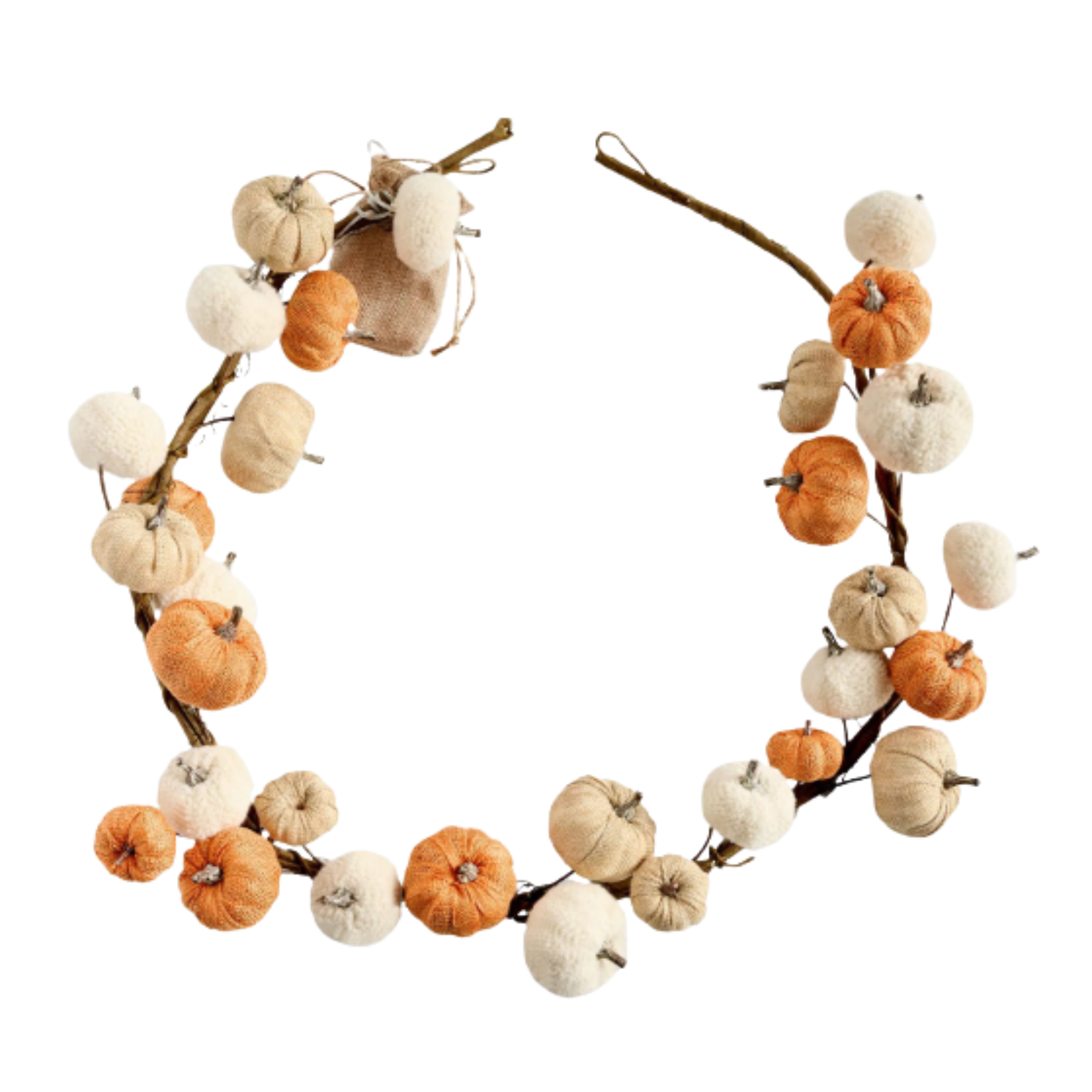 an autumn garland with white, cream and orange pumpkins